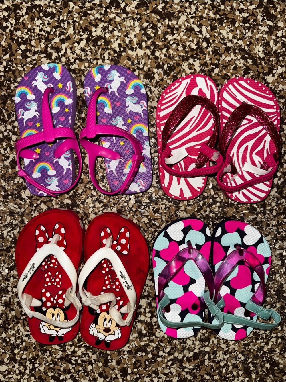 Toddler Girls Flip Flop Sandal Lot Size 6/7 & 7/8 Minnie Unicorn Hearts Zebra